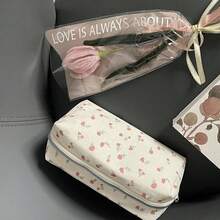 1pc Cream Ditsy Floral Pencil Case, Cute Minimalist Fresh Style Stationery Pouch,For School Supplies,Back To School - Multicolor - View 1