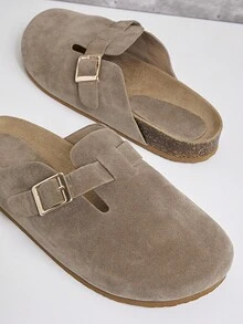 SHUZIA Women's Wide-Fit Round Toe Cork Footbed Slide Clogs With Adjustable Buckle Strap