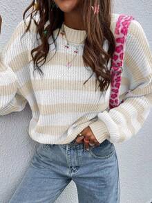 EMERY ROSE 休闲撞色条纹落肩宽松针织毛衣，秋季条纹毛衣女女士条纹套头衫条纹套头衫女士灯笼袖毛衣米色和白色条纹毛衣 - 彩色 - 查看 8