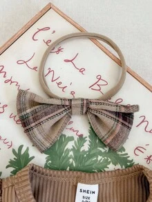 SHEIN 1件女婴格子驯鹿圣诞连体衣，圆领荷叶袖长袖动物鹿刺绣连体衣，配发带，韩版休闲抓绒保暖，适合日常外出或圣诞新年穿着，秋冬新款 - 卡其色 - 查看 3