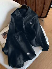 女士复古硬币印花休闲长袖衬衫短裤套装，宽松百搭两件套 - 藏蓝色 - 查看 7