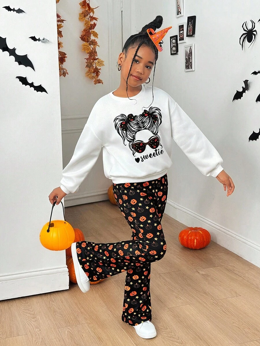 SHEIN 青少年女孩时尚休闲针织圆领运动衫和喇叭裤套装 - 亮橙色 - 查看 1