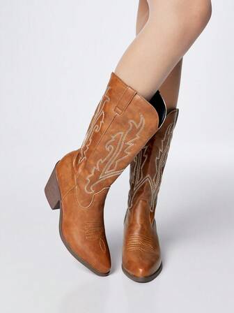 Grunge Punk Stivali da cowboy marroni da donna, stivali western con tacco chunky, punta affusolata e ricamo, stivali da equitazione in pelle da esterno di moda western