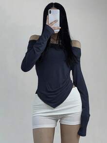 DAZY Maglietta casual da donna con spalle scoperte, tinta unita, orlo asimmetrico, autunnale, abbigliamento back to school, maniche lunghe, top da donna, abbigliamento autunnale da donna