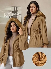 Zelara Herbst Große Größen Damen Einfarbige Raglanärmel Tunnelzug Taille Flauschige Kapuzenjacke, Fliegerjacke, Thermofutter, warm und bequem, Rückenschlitz Design Halloween Kostüme Teddy Jacke Damen Schicke Bomberjacke - Braun - Übersicht 10
