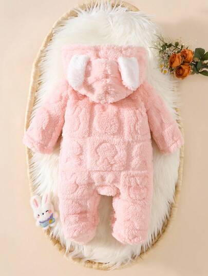 Newborn Baby Pink Rabbit Ear Hooded Romper, Soft Plush Jumpsuit Outfit For Infant, Cute & Comfortable For Home, Outings, Parties, 0-9 Months Fall Winter