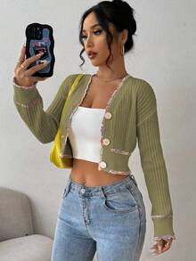 EMERY ROSE Women's Elegant Single-Breasted Drop Shoulder Long Sleeve Cropped Knit Cardigan, Autumn - Olive Green - View 1