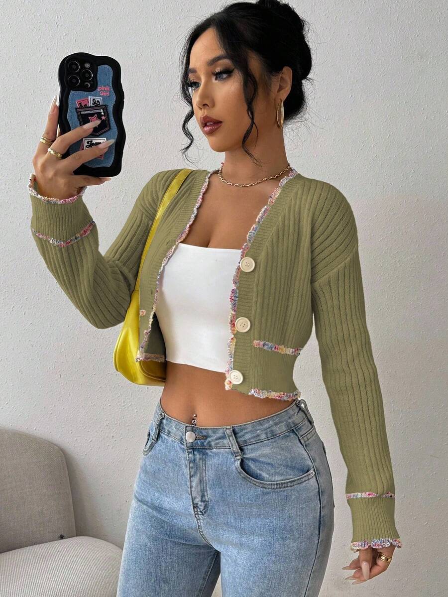 EMERY ROSE Women's Elegant Single-Breasted Drop Shoulder Long Sleeve Cropped Knit Cardigan, Autumn - Olive Green - View 1