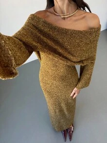 Aloruh Women's Elegant Mustard Yellow Sweater Dress,Off Shoulder Large Lapel Long Sleeve Slim Fit Solid Color Knit Dresses For Autumn Date Night Clothing - Green - View 2