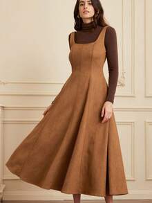 GENKIRA Suede Fabric Sleeveless Elegant Fitted Waist Dress With Flared Skirt - Khaki - View 2