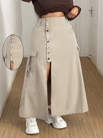 Maweii 大码 A 字形开叉下摆休闲通勤长款工装裙，秋冬