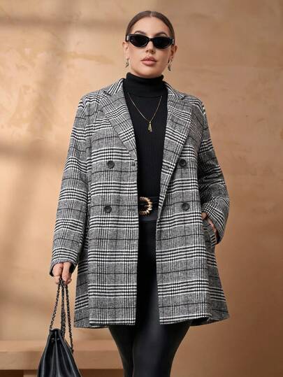 Chikora 大码灰色格子大衣，休闲商务通勤格纹夹克，秋冬季，灰色格子大衣，灰色大衣，秋冬保暖外套，女士长款外套，休闲工作日常穿着，灰色外套，保暖外套，女士冬季服装，女士秋季服装，圣诞节服装，新年服装