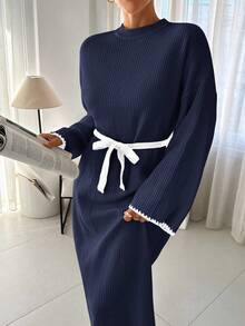 EURMUSE Pullover Sweater Dress Hem And Sleeve Detail+ 478 - Navy Blue - View 4