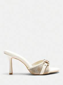 CUCCOO CURVES Beige PU Gold Retro Buckle Fashion Wide Fit Round Toe High Heel Mules - Beige - View 2