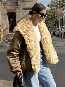 DAZY 女士休闲保暖衬里棉衣，秋冬夹克 - 軍綠色 - 查看 3