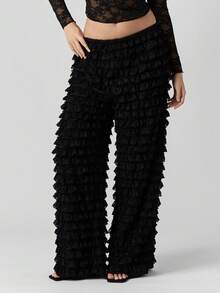 MISSGUIDED Wide Leg Tiered Ruffle Palazzo Pants With Lace Textured Fabric For Special Occasions And Evening Wear - Black - View 1