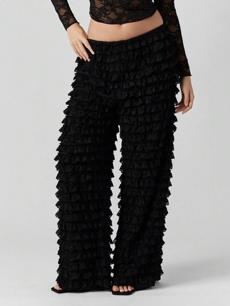 MISSGUIDED Wide Leg Tiered Ruffle Palazzo Pants With Lace Textured Fabric For Special Occasions And Evening Wear - Black - View 1