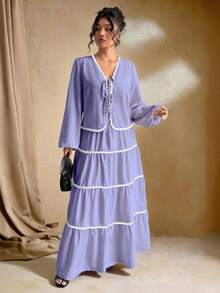 SHEIN Tall 加大码女式编织纹理长袖开衫，搭配系带腰带，撞色荷叶边下摆设计，松紧腰长裙，法式优雅浪漫两件套 - 紫丁香色 - 查看 5