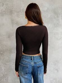 SHEIN Unity Women's Casual Everyday Lace Trim Ruched Bust Fitted Long Sleeve Cropped T-Shirt, Spring/Autumn, Going Out Top - Coffee Brown - View 2