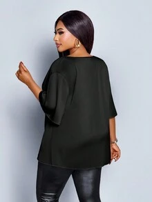 SOLERSUN Plus Size Women's Fashionable Solid Color Elegant Cowl Neck Stylish And Sophisticated Batwing Sleeve Blouse Summer - Black - View 2