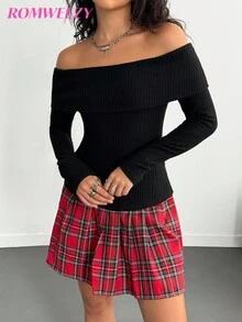 Teen Girl Off-Shoulder Solid Color Fitted Long Sleeve Versatile T-Shirt Set Fall Winter - Multicolor - View 3