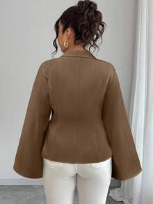 Elenzga Plus Size Women's Solid Color Bell Sleeve Single-Breasted Casual Shirt, Autumn - Coffee Brown - View 2