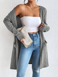 SHEIN Essnce 女士优雅常规针织开衫，夏季女士开衫，灰色上衣，时尚女装，开襟上衣，秋冬女装 - 淺灰色 - 查看 6