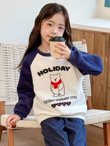SHEIN 2pcs/Set Tween Girls Navy Blue Knitted Fleece Bear Print Raglan Sleeve Pullover & Woven Pants,Korean Preppy School Style,Back-To-School Autumn Outfit - Multicolor - View 5