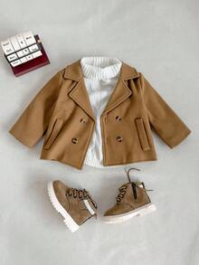 SHEIN Jaket Bayi Laki-laki Gaya Retro Inggris Warna Cokelat Muda, Mantel Kancing dengan Kerah Tebal, Pakaian Ulang Tahun Musim Gugur, Mantel Luar Kasual Sederhana Versi Korea untuk Musim Dingin - Coklat - View 3