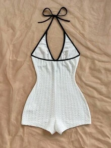 Soleia 女士休闲度假新款 V 领露背系带蝴蝶结镂空黑白撞色修身罗纹连体裤，适合派对、约会、下午茶、海滩 - 白色 - 查看 2