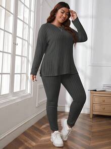 SHEIN Cottnline Plus Size Comfortable Knit Ribbed 2 Pieces Set - Dark Grey - View 3