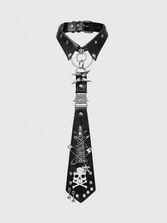 Grunge Punk 1pc Black Y2K Punk Style Rivet Zipper Metal Skull & Letter Print Unisex Necktie, Goth Dark Accessories, Unique Personalized Decor