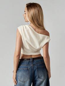 MISSGUIDED 露肩不对称罗纹针织短款上衣短袖弹力秋冬米色 - 杏色 - 查看 2