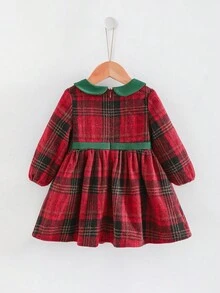 Cozy Pixies Vestido de Manga Longa com Gola Peter Pan e Cintura Marcada para Meninas, Confortável e Versátil, Adequado para Uso Casual, Escola, Esqui, Uso Diário, Esportes, Festas, Outono/Inverno. Forro Térmico, Reforçado para Clima Frio. Vestido de Natal para Bebê Menina, Vestido Vintage para Bebê Menina em Bordô, Vestido Xadrez Vermelho para Bebê Menina, Vestido de Natal Xadrez para Bebê, Vestido de Natal Tartan para Bebê Menina - Vermelho - Visão 2