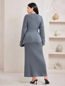 Veilorie Elegancki, dopasowany damski zestaw bezrękawnik i kardigan, 2 sztuki, jesienno-zimowe ubrania dla kobiet - Szary - Zobacz 6