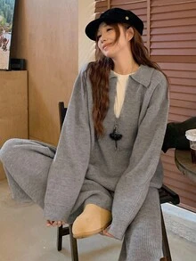 DAZY Setelan Kasual 2 Potong Wanita Warna Polos Lengan Panjang Model Bahu Longgar dan Celana Rajut, Musim Gugur - Grey - View 5