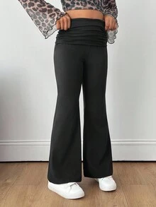 SHEIN Tween Girls' Basic Casual Knit High Waist Ruched Slim Flare Pants, Back To School, Black Flared Leggings, Ruched Waist Pants, Flare Leg Pants - Black - View 4