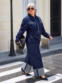 SHEIN Chaqueta de mezclilla azul marino versátil y de moda para mujer de talla grande - Azul lavado oscuro - Ver 6