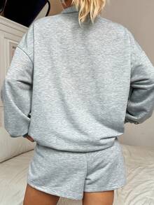 Veykashi 大码休闲可爱樱桃刺绣图案宽松套头卫衣，适合秋冬季节，学院风返校季灰色刺绣卫衣四分之一拉链卫衣 - 灰色 - 查看 2