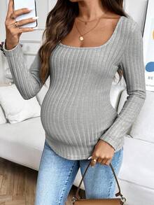 SHEIN Maternity Solid Color Minimalist Long Sleeve T-Shirt, Everyday Wear Fall - Light Grey - View 4