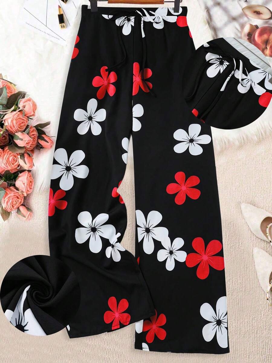 Linhara Plus Size Women Floral Print Tie Waist Wide Leg Loose Casual Pants - Rose Red - View 1
