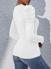 Chiquease Zippered Front Puff Sleeve T-Shirt Fall Cloth For Women - White - View 2