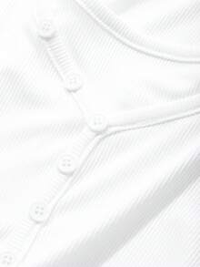 DAZY 女式纯色纽扣前长袖修身休闲 T 恤，秋季，返校服装学院风上衣，秋季女装 - 白色 - 查看 9