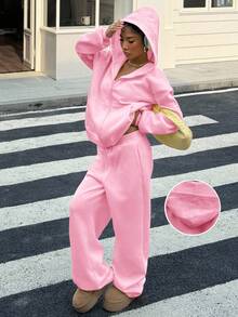 Muchica Women's Casual Loose Fit Pink Hoodie Set, Autumn - Pink - View 3