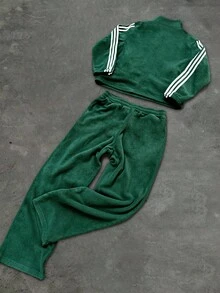 Aesthetic Post 男士时尚侧条纹羊毛夹克和裤子套装，秋冬服装 - 墨綠色 - 查看 2