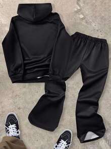 SHEIN 2 件儿童/青少年男童休闲日常百搭舒适街头风格图案印花连帽运动衫和宽松运动裤套装 - 黑色 - 查看 2