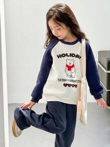 SHEIN 2pcs/Set Tween Girls Navy Blue Knitted Fleece Bear Print Raglan Sleeve Pullover & Woven Pants,Korean Preppy School Style,Back-To-School Autumn Outfit - Multicolor - View 1