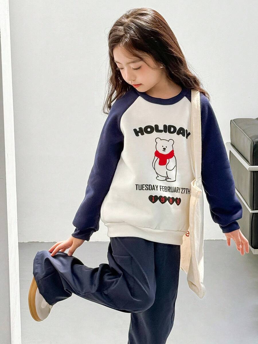 SHEIN 2pcs/Set Tween Girls Navy Blue Knitted Fleece Bear Print Raglan Sleeve Pullover & Woven Pants,Korean Preppy School Style,Back-To-School Autumn Outfit - Multicolor - View 1