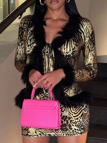 Slaydiva 2025夏初秋新款波西米亚音乐节 乡村风 洋气 海边度假 休闲 前卫 派对 可爱甜美 千禧Y2K 性感辣妹 V领 轻盈厚重吊带 露腰 黑色毛条 长袖毛条袖上衣+包臀裙 迷你裙 半裙 卡其色 棕色 豹纹 斑马纹 闪亮针织面料 性感套装 女士两件套-D - 金色 - 查看 3