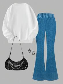 Autumn/Winter New Heart & Star Pattern Sweatshirt + Flare Leg Pants Set Fall - Multicolor - View 2